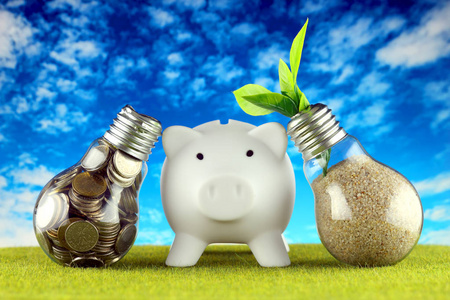 灯泡厂内的硬币生长在灯泡和储蓄罐内。 绿色生态可再生能源概念。 家庭节能的电价。