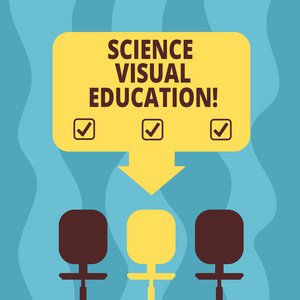 概念手工写作显示科学视觉教育。展示信息图的商业照片空间颜色箭头指向三个旋转椅之一