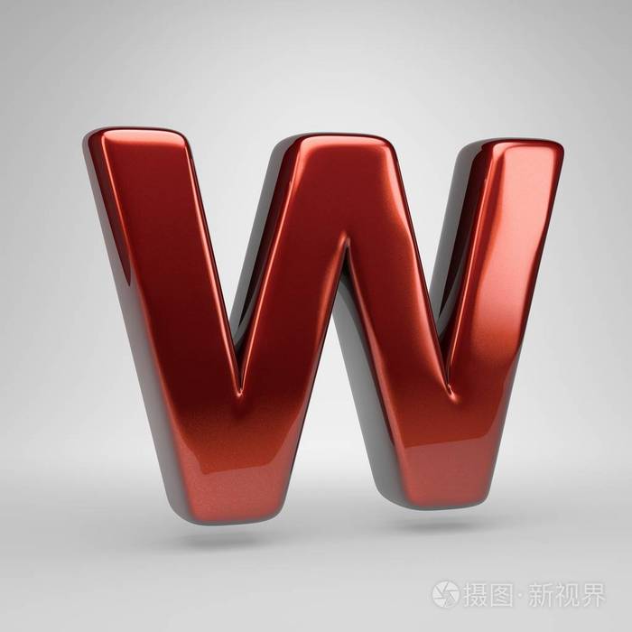 三维字母w大写白色背景中分离出的红色有光泽的金属字母