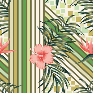 从热带棕榈叶和芙蓉鸟的天堂花中抽象出无缝壁纸的异国情调构图。 潮流矢量图案几何线和正方形背景