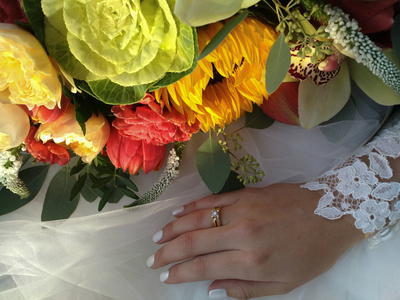 s hand and wedding bouquet