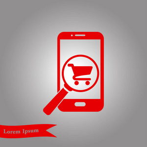 玻璃寻找在智能手机上购物。 网上购物图标。