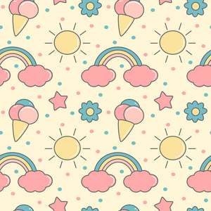 可爱的彩色卡通无缝矢量图案背景插图与彩虹,太阳,云,冰淇淋,星星和花
