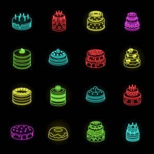 蛋糕和甜点霓虹灯图标在集合的设计。假日蛋糕向量标志股票网例证
