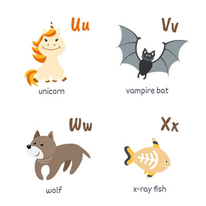 动物字母表独角兽吸血鬼蝙蝠狼X射线鱼