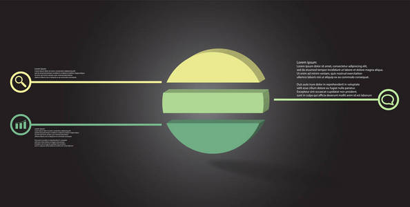 三维插图信息模板。 浮雕环分为三个颜色部分。 物体布置在灰色黑色背景上。 彩色线与简单的标志在圆圈是在侧面。