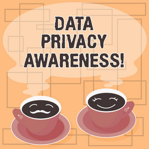 文字文字数据隐私意识。尊重隐私和保护我们在网上分享的杯酱油的商业理念, 为他和她的咖啡脸图标与空白蒸汽