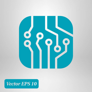 电路板图标。 技术方案平方符号。 平面设计风格。