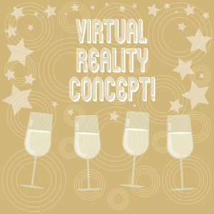 显示虚拟现实概念的书写笔记。商业照片展示了人工环境, 创建与软件填充鸡尾酒葡萄酒眼镜与分散的明星作为五彩弹餐具