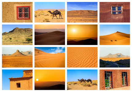 摩洛哥沙漠美丽景观的拼贴。 冒险概念