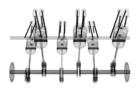 3D六缸汽车发动机，线架，白色背景