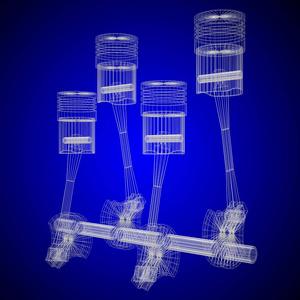 3D四缸汽车发动机，蓝图，线架.