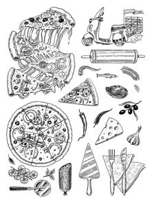 一套比萨饼配奶酪。美味的意大利素食与西红柿, 海鲜和橄榄和茄子。烹饪用的食材。餐厅菜单的草图。手绘模板。复古风格