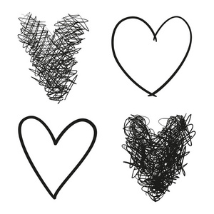 在孤立的白色背景上用手画的粗糙的心.一套爱的标志.