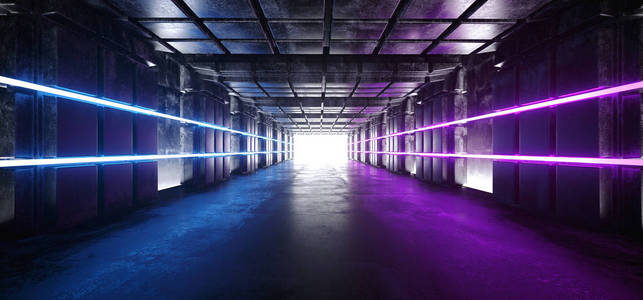 未来感式飞碟外星飞船暗空空间Grunge反射光混凝土隧道走廊与振动霓虹灯激光紫粉蓝色灯光背景三维渲染插图