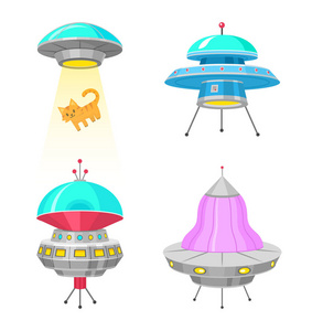 外星宇宙飞船, 一套 ufo 不明飞行目标, 神奇火箭, 宇宙太空中的宇宙航天器。白色背景上的矢量插图。桂元素, 卡通风格, 平