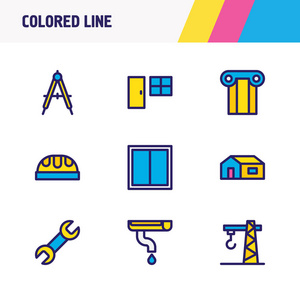 9个建筑图标的向量例证着色的线。可编辑的工人帽排水沟指南针和其他图标元素