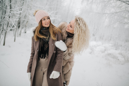 两名金发碧眼的女子在冬林散步的照片
