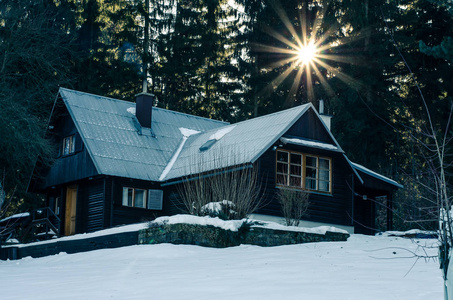 冬天的风景，有浪漫的小屋，烟囱里冒出烟雾，树林间有明亮的冬日阳光