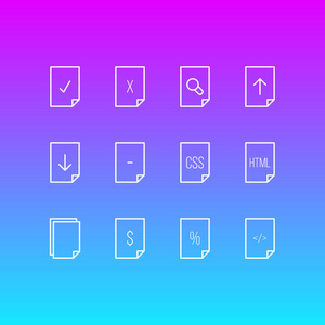 12个文件图标线条样式的矢量插图。可编辑的合同集下载放大镜和其他图标元素