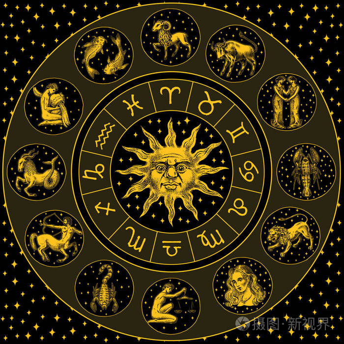 占星术星座与圆, 太阳和标志.黑色背景上的日历模板.收集轮廓动物.