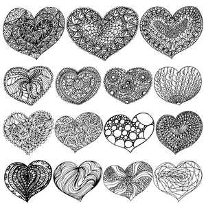 s Day set of zenart hearts contour black on white background.