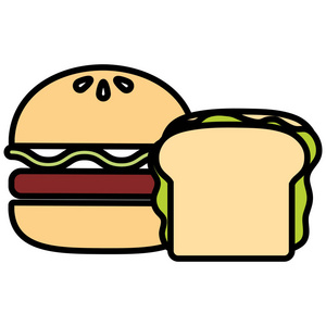白色背景矢量图上的汉堡和三明治