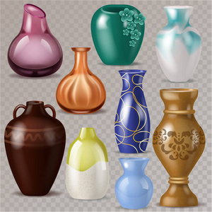 花瓶矢量装饰经典锅和装饰现代陶器优雅花瓶插图套陶瓷美丽的玻璃罐隔离在透明的背景