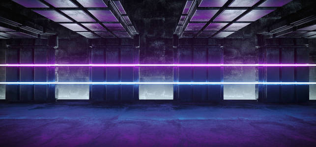 未来感S CIFI外星飞船暗空间格反射光泽混凝土房间与充满活力的霓虹灯发光激光紫粉色蓝光背景3渲染插图。