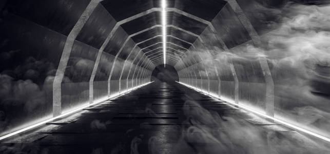 科幻未来主义现代格栅混凝土反射平铺浮烟雾暗异形椭圆形隧道与白色发光侧灯背景3D渲染插图