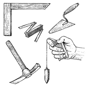 建筑和维修的工作工具。斯帕图拉, 锤子, 测量设备。手绘雕刻的复古素描
