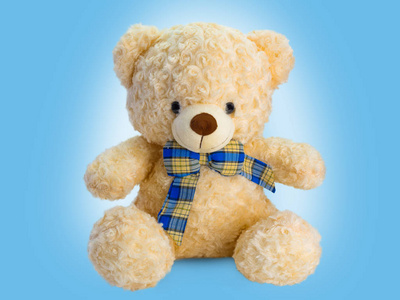 可爱的泰迪熊孤立在蓝色背景上。