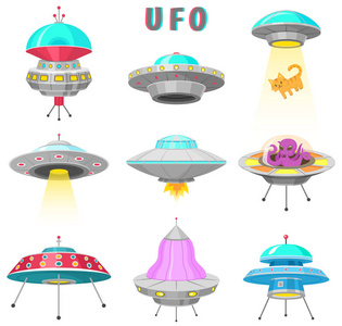 外星宇宙飞船, 一套 ufo 不明飞行目标, 神奇火箭, 宇宙太空中的宇宙航天器。白色背景上的矢量插图。桂元素, 卡通风格, 平