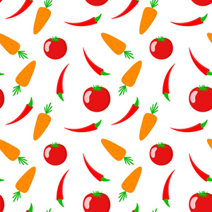 蔬菜的无缝图案。 矢量图。 番茄胡萝卜和辣椒的抽象可爱背景