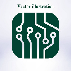 电路板图标。 技术方案平方符号。 平面设计风格。