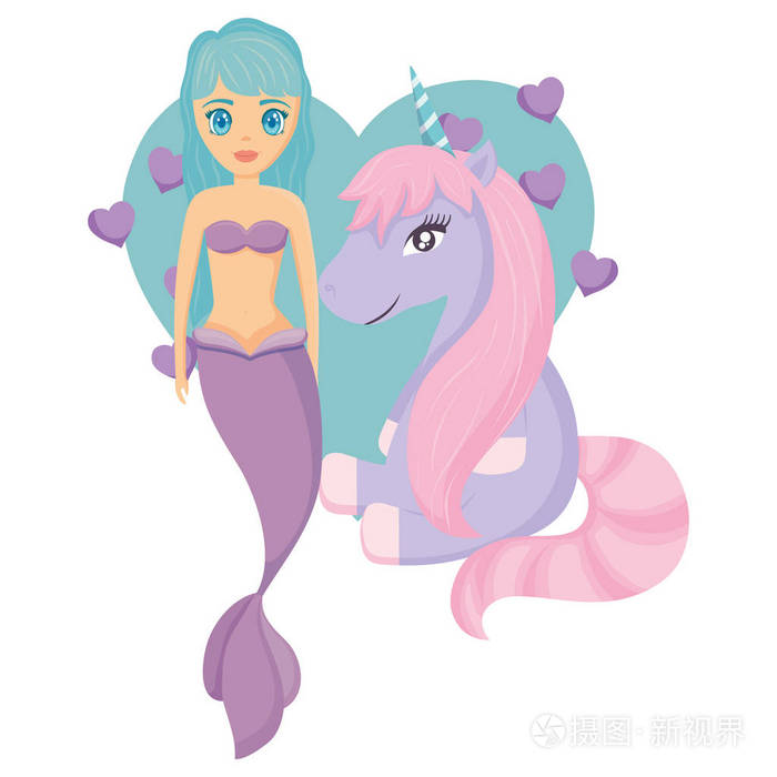 可爱的独角兽和美人鱼设计