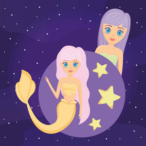可爱的美人鱼与星星围绕紫色背景彩色设计。 矢量插图
