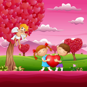 一对夫妇在粉红色的花园里抱着红色的心形