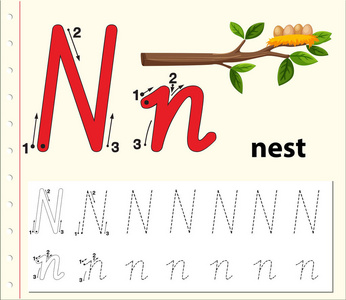 字母n跟踪字母表工作表插图