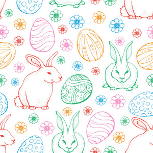 快乐复活节无缝模式。快乐复活节与兔子, 复活节彩蛋和鲜花贺卡, 邀请模板。在白色背景查出的向量手速写集合
