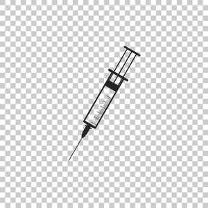 在透明背景上隔离的注射器图标。疫苗疫苗接种注射流感注射的注射器标志。医疗设备。扁平设计。矢量插图