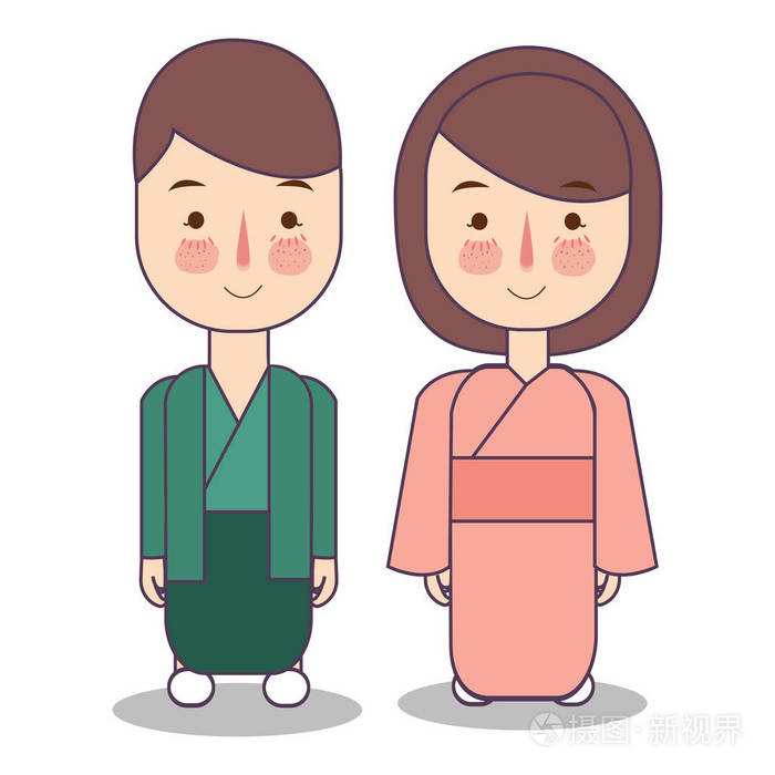 日本男人女人人物.民族传统服装服装. 卡通平面矢量插图微笑