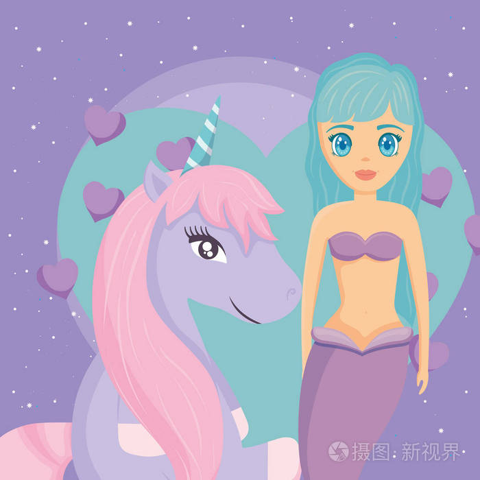 可爱的独角兽和美人鱼设计
