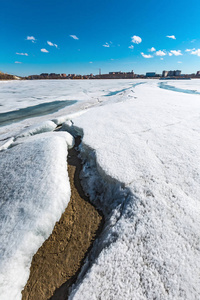  river tributary of the Ob in the spring of sunken ice. Berdsk