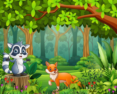 美丽的绿色森林景观中的动物卡通