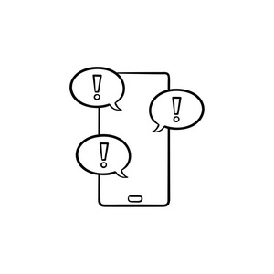 带惊叹号的手机和短信手绘轮廓涂鸦图标