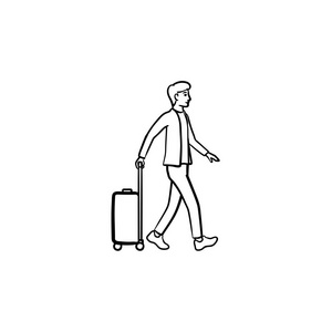 乘坐行李箱手绘轮廓涂鸦图标的商务旅客照片