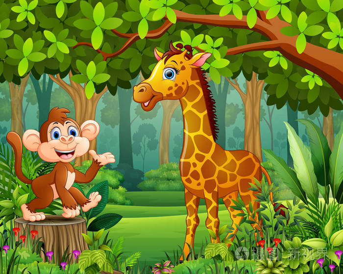 美丽的绿色森林里快乐的野生动物卡通