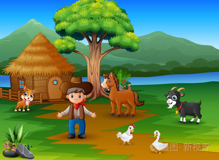 的农场和一群农场动物农场里一个农夫和一群农场动物的卡通笼子外面的