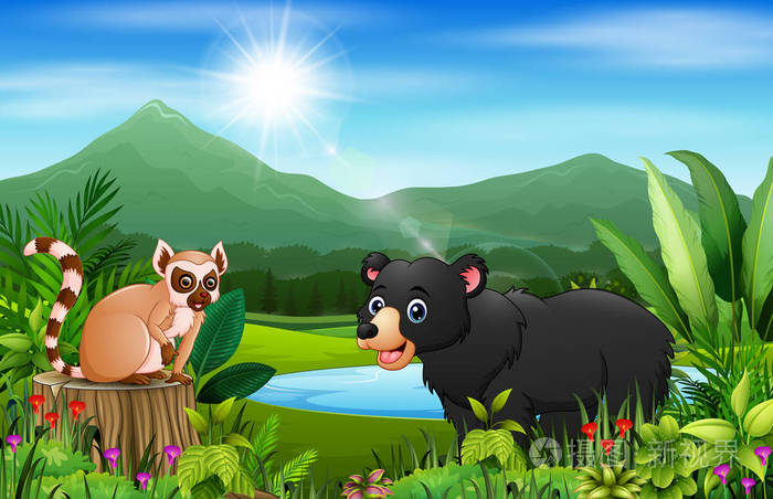 卡通熊和狐猴在美丽的风景中